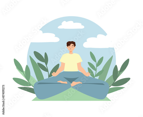 Cute cartoon boy sitting in yoga pose with nature background. Meditating and yoga. International yoga day. Male character doing yoga. Vector illustration