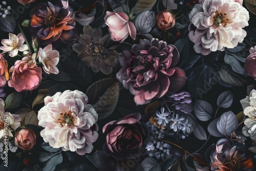 Luxurious pattern of mixed blooms in dark, moody tones for backgrounds or decor