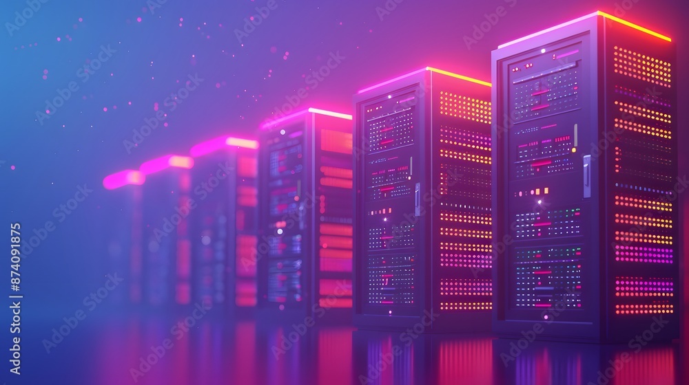 Naklejka premium A row of illuminated server racks in a vibrant, futuristic data center. The glowing lights emphasize technology and network infrastructure.