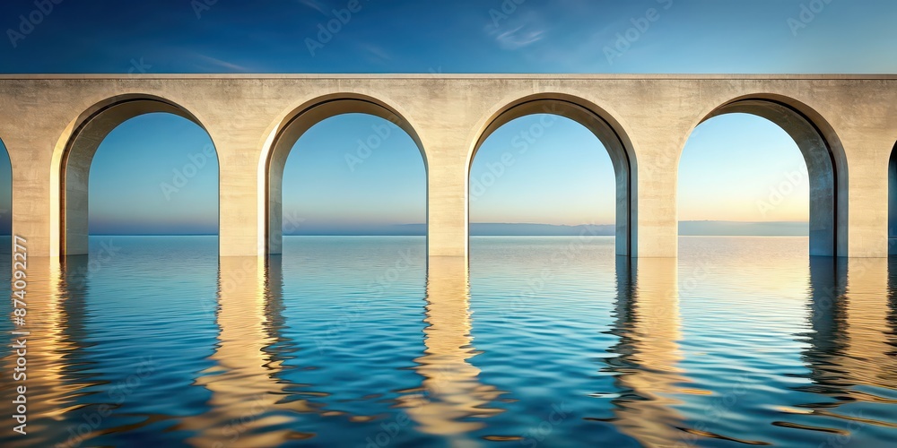 Abstract arches reflected on a serene sea surface , abstract, twilight, mirage, reflection, water, peaceful, serene Abstract arches reflected on a serene sea surface , abstract, twilight, mirage, reflection, water, peaceful, serene