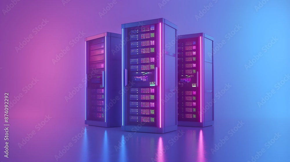 Brightly lit data servers in a modern, futuristic setup with vibrant neon lights in a gradient pink and blue room, reflecting technology advancements. Brightly lit data servers in a modern, futuristic setup with vibrant neon lights in a gradient pink and blue room, reflecting technology advancements.