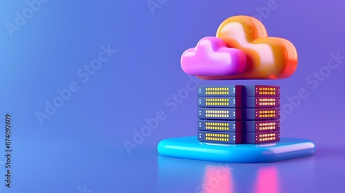 Colorful 3D illustration of cloud computing, showcasing data servers and cloud storage in a modern, vibrant design. photo