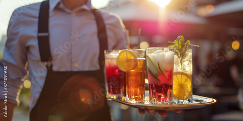 Waiter carrying tray with glasses of wine, juice and cocktails in outdoor restaurant