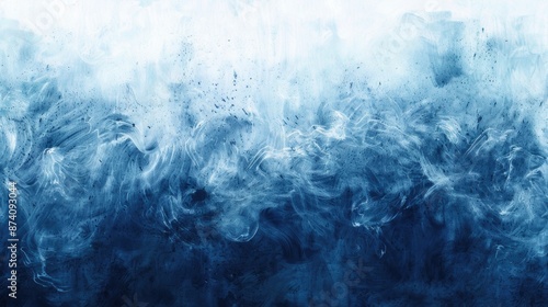 Dark Blue Abstract. Watercolor Ocean Waves in Blue Background with White Fog