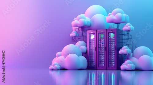 Obraz na płótnie Colorful data center with cloud computing concept, servers surrounded by clouds in vibrant pink and blue lighting. w salonie