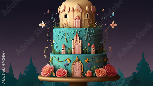 Whimsical wedding cake illustration that incorporates elements from a fairytale theme. Think of castles, and enchanted forests photo