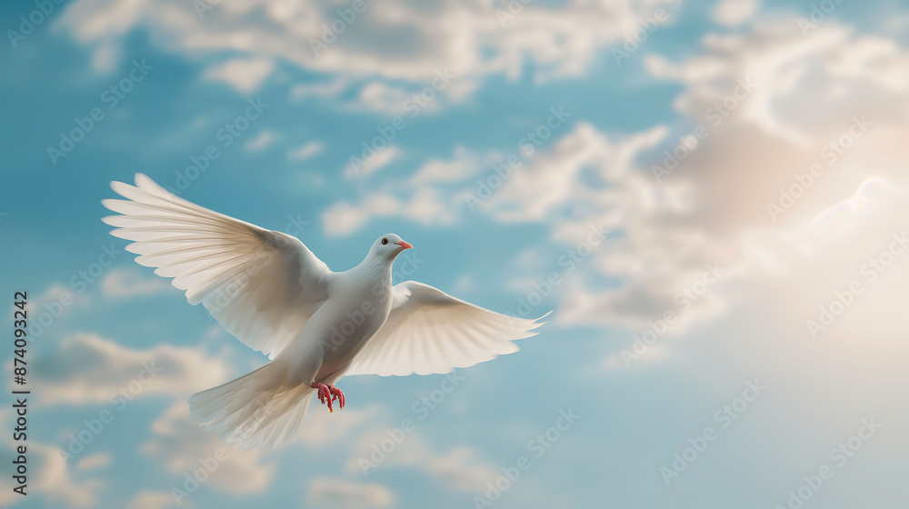 White dove gracefully flying. Symbolizing freedom and liberation. Capture the essence of hope, peace, and emancipation as the dove soars into the open sky White dove gracefully flying. Symbolizing freedom and liberation. Capture the essence of hope, peace, and emancipation as the dove soars into the open sky
