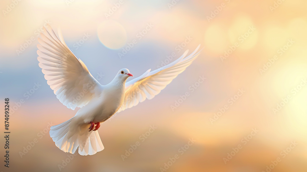 Fototapeta premium White dove gracefully flying. Symbolizing freedom and liberation. Capture the essence of hope, peace, and emancipation as the dove soars into the open sky 