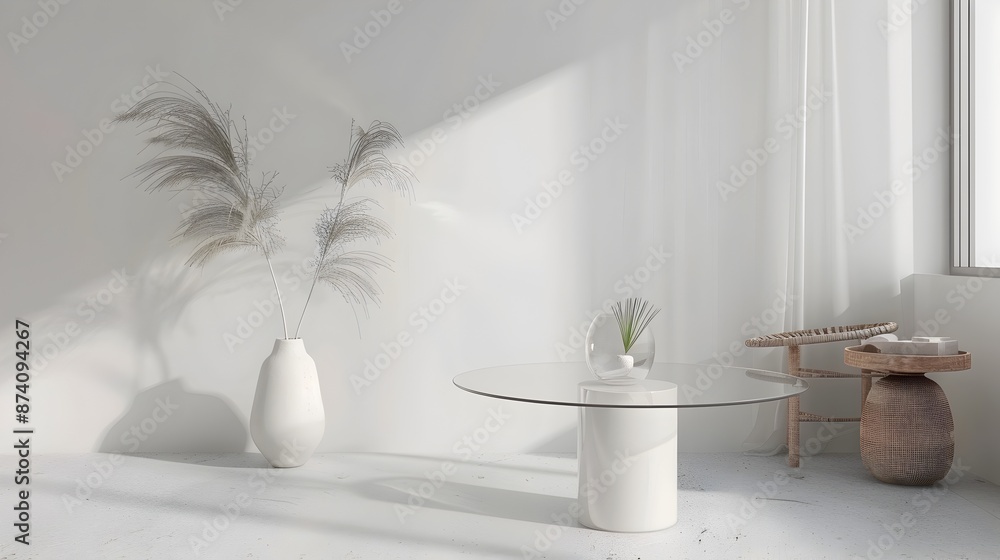 Minimalist Glass Accent Table in Elegant 3D Rendered Home Mockup Setting Minimalist Glass Accent Table in Elegant 3D Rendered Home Mockup Setting