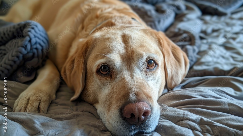 Yellow lab dog on bed not making eye contact Yellow lab dog on bed not making eye contact