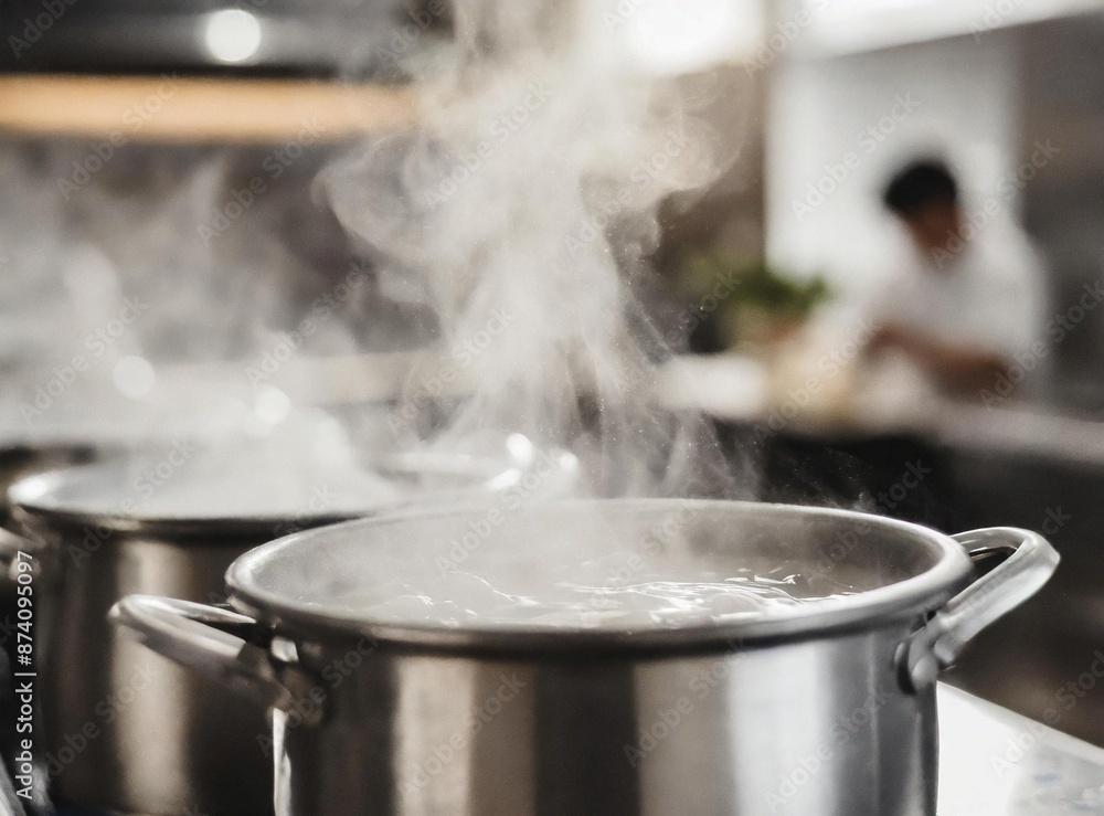 Pot with steam in the kitchen of a restaurant, with chefs and personal working unfocused behind it