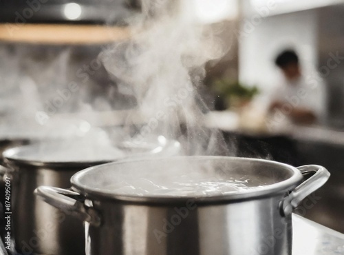 Pot with steam in the kitchen of a restaurant, with chefs and personal working unfocused behind it