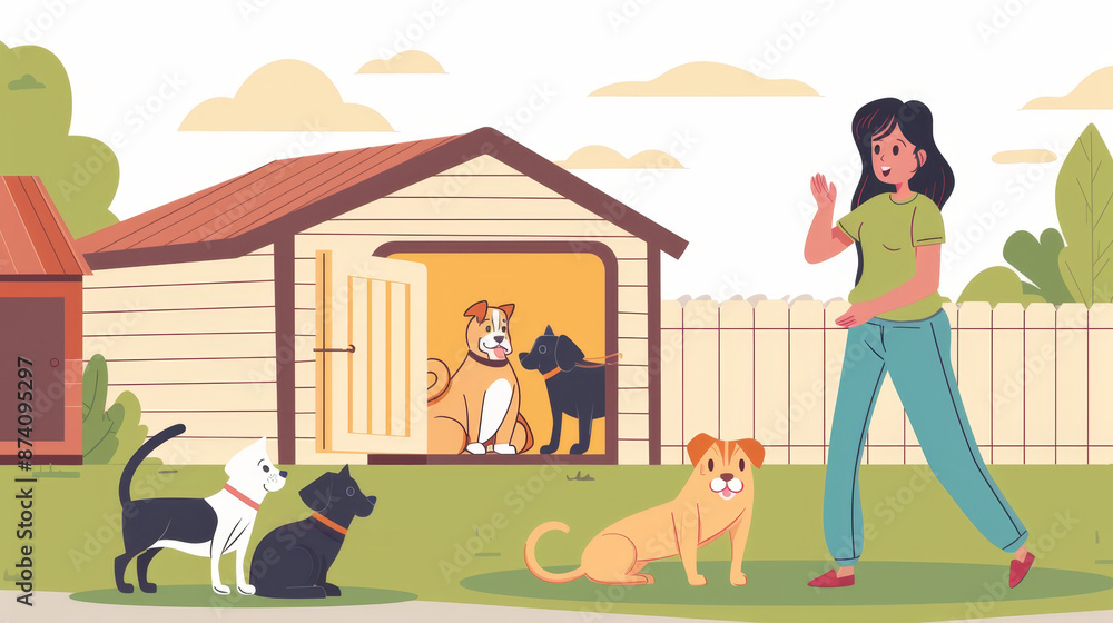 Fototapeta premium Cheerful Woman Greeting Playful Dogs in Sunny Backyard