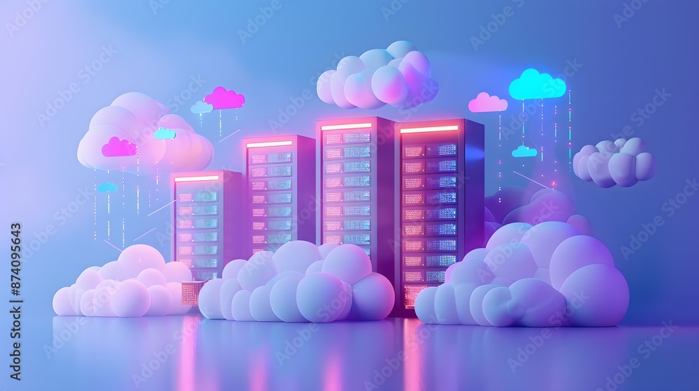 Futuristic cloud data center concept with neon lights, servers, and digital cloud system in a dreamy environment.