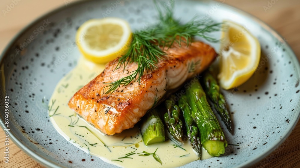 Salmon dish with asparagus lemon dill and hollandaise on ceramic plate Salmon dish with asparagus lemon dill and hollandaise on ceramic plate