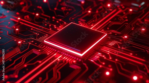 Glowing red computer chip with red circuit lines background