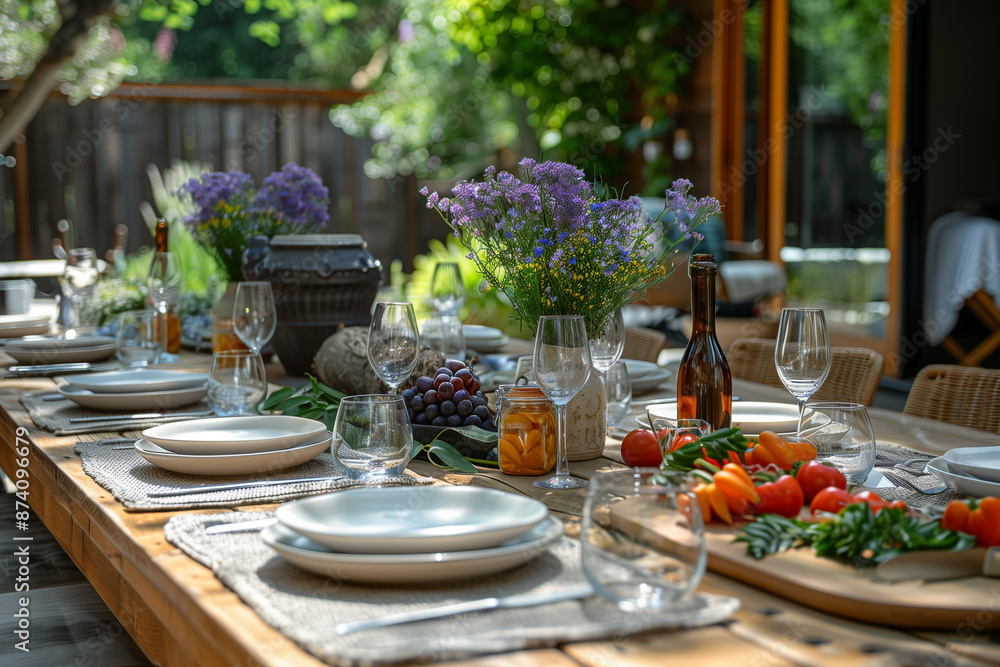 Outdoor table set for a summer cookout with friends Outdoor table set for a summer cookout with friends