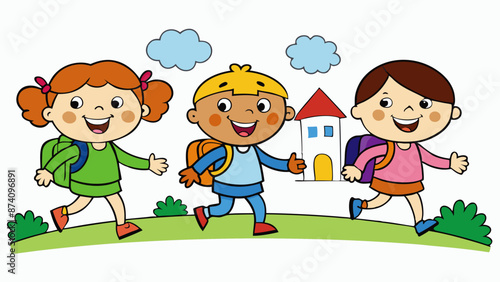 happy little kids going to school color art vector