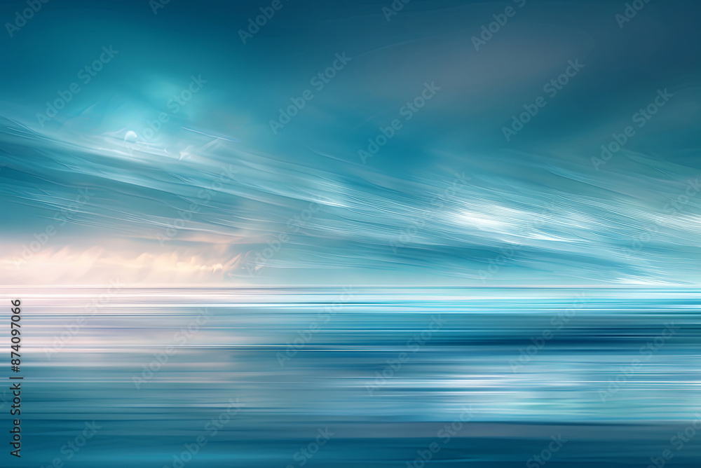 Blue ocean background with a sun in the sky. The sun is orange and it is setting. The sky is filled with clouds and the water is calm Blue ocean background with a sun in the sky. The sun is orange and it is setting. The sky is filled with clouds and the water is calm