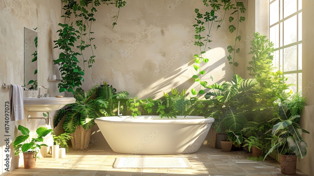 Bathroom with decorative plants arranged around the bathtub and sink, natural light enhancing the green hues of the plants, ample copy space Bathroom with decorative plants arranged around the bathtub and sink, natural light enhancing the green hues of the plants, ample copy space