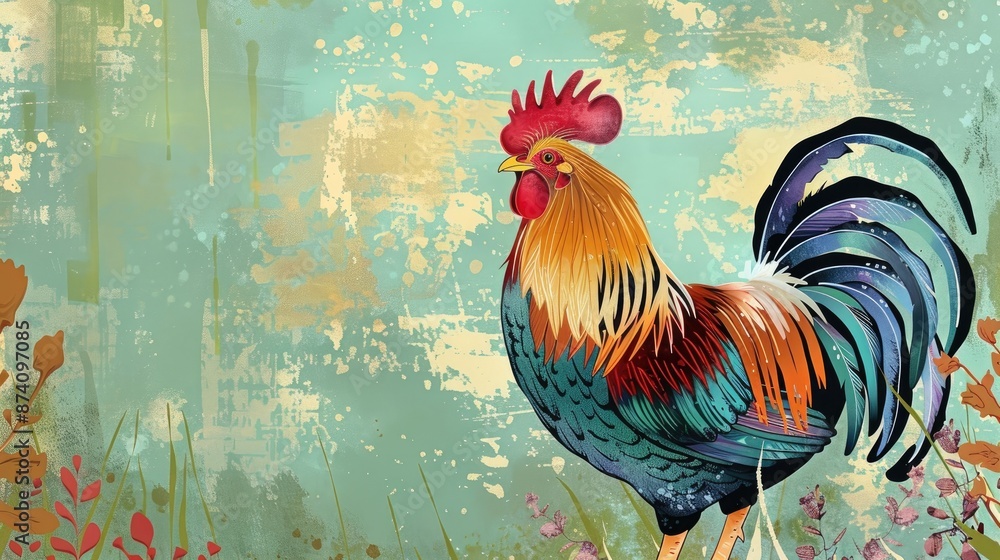Fototapeta premium Colorful rooster with red comb on green background in countryside farm setting