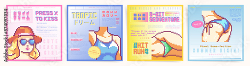 Pixel art poster set featuring an adorable kawaii girls enjoying summer vacation on the beach. A vibrant retro square design with abstract background, typography, and green elements.