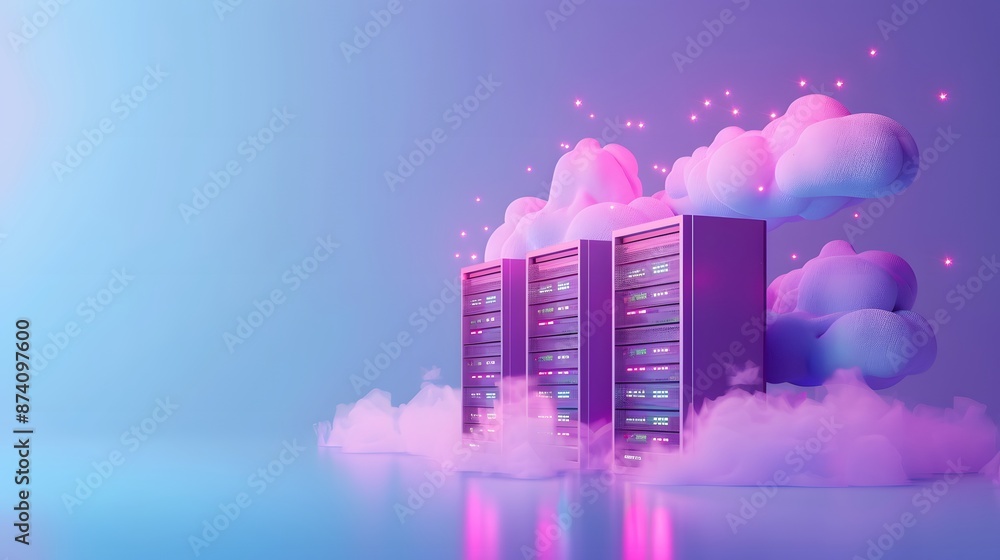Fototapeta premium Futuristic data servers in a cloud computing concept, surrounded by fluffy clouds and digital elements, representing modern technology and networking.