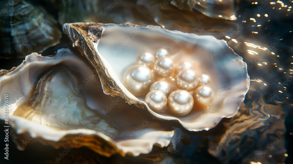 Natural pearls inside the oyster shell, Pearls in an oyster shell Natural pearls inside the oyster shell, Pearls in an oyster shell