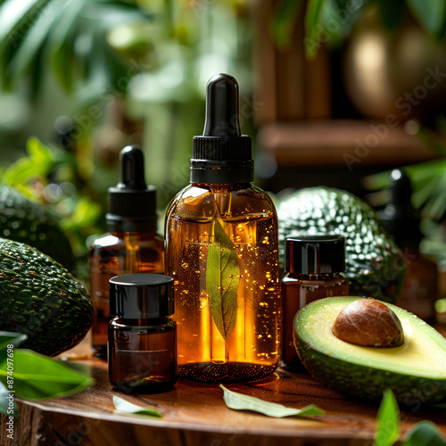 Jar of avocado cream placed on table among halved avocados green leaves, glass bottles background