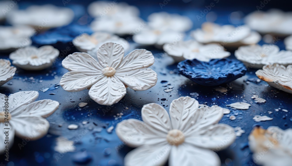 White Flowers on Blue Background. White Flowers on Blue Background.