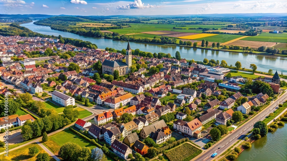 Naklejka premium Aerial view of Rheinsheim , Rhine River, landscape, aerial photography, village, Germany, countryside, perspective, scenic, drone