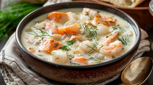 A bowl of creamy seafood chowder with salmon, shrimp, and scallops, garnished with fresh dill.