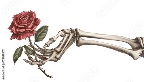 A skeleton hand holding a rose, Halloween symbol, realistic drawing, romantic and eerie, isolated on white background,