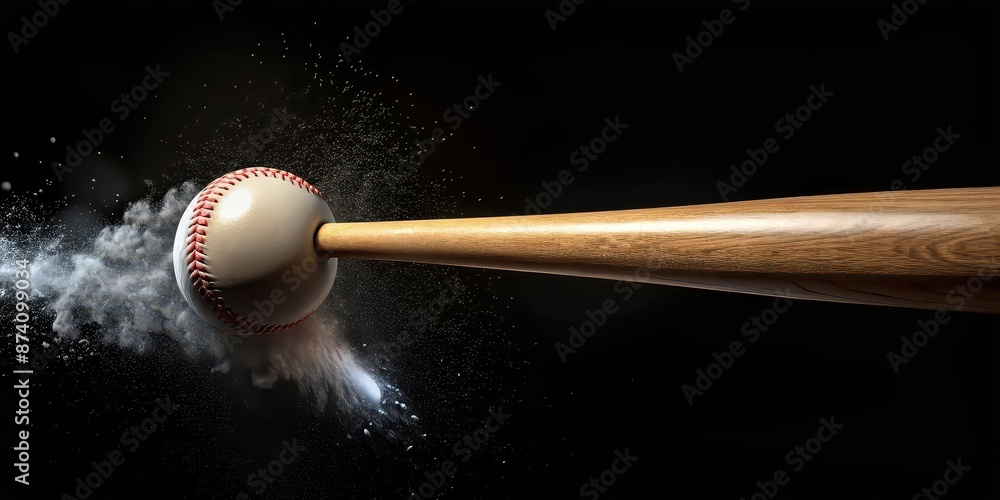 Baseball bat hitting ball on black background, baseball, bat, ball, hit, impact, sports equipment, action, motion, power, competition Baseball bat hitting ball on black background, baseball, bat, ball, hit, impact, sports equipment, action, motion, power, competition
