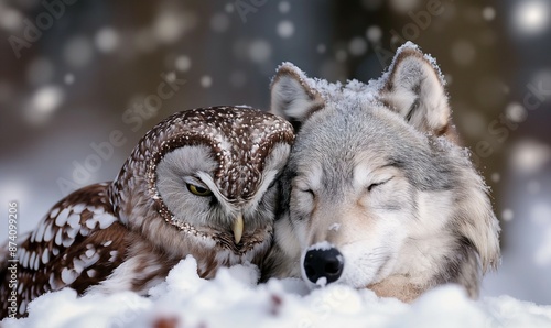 wolf and owl sitting in the snow next to each other. 