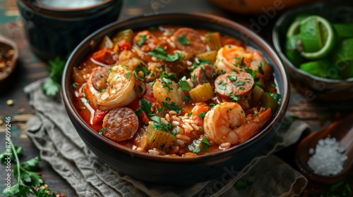 A bowl of spicy seafood gumbo with shrimp, crab, andouille sausage, okra, and Cajun spices.