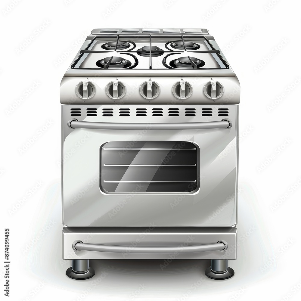 A modern, stainless steel gas stove with four burners and an oven. The stove is isolated on a white background. A modern, stainless steel gas stove with four burners and an oven. The stove is isolated on a white background.