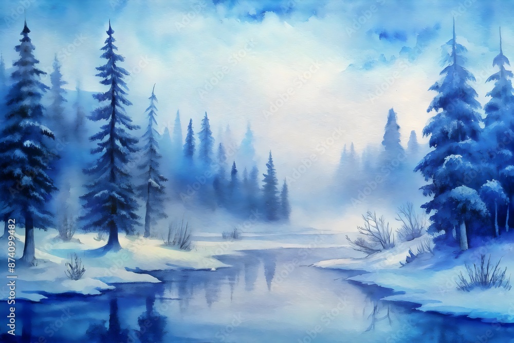 Fototapeta premium Winter Landscape Watercolor Pine Trees Snowy River Reflection Tranquil Scene