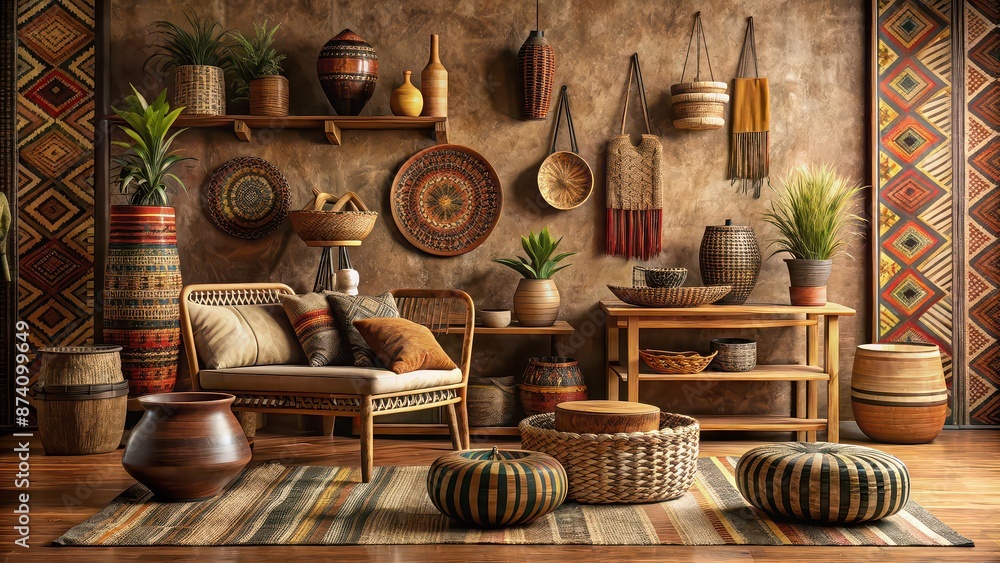African interior featuring traditional wooden furniture, tribal patterns African interior featuring traditional wooden furniture, tribal patterns