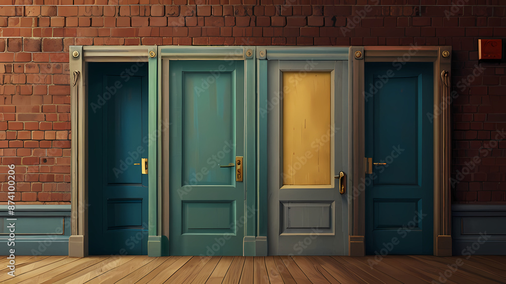 illustration of a door that leads to different eras in time. illustration of a door that leads to different eras in time.