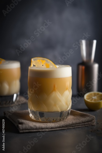 Elegant mocktail with creamy foam garnished with lemon wedge, set against a dark backdrop. Craft alcohol Cocktail in a Beautiful Glass