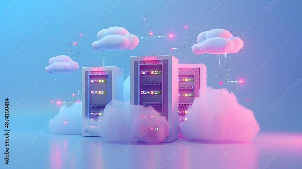 Modern cloud computing concept with servers and fluffy clouds connected. Futuristic data storage and technology infrastructure.