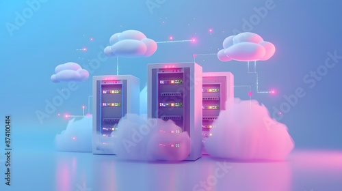 Obraz na płótnie Modern cloud computing concept with servers and fluffy clouds connected. Futuristic data storage and technology infrastructure. w salonie