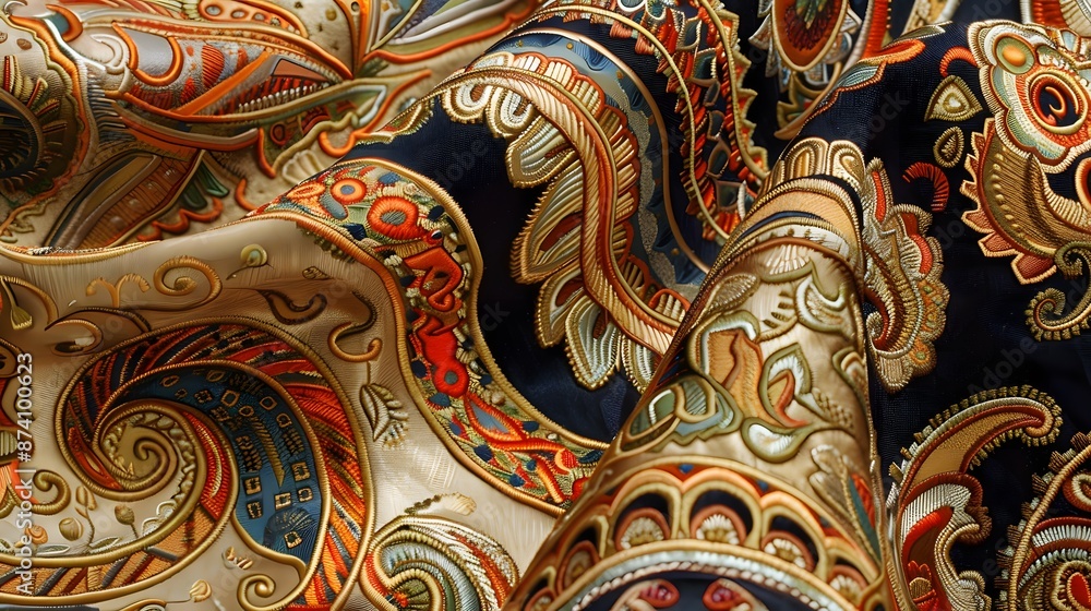 custom made wallpaper toronto digitalPaisley fabric with a rich mix of colors and intricate patterns, creating a dynamic and elegant design