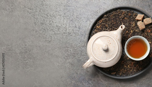 Aromatic puerh tea served on grey table, top view. High quality photo