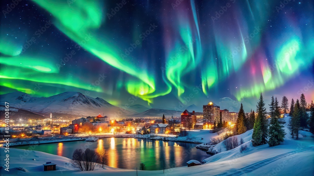 Obraz premium A bustling city in winter with mesmerizing Northern Lights dancing in the sky, city, winter, urban, Northern Lights