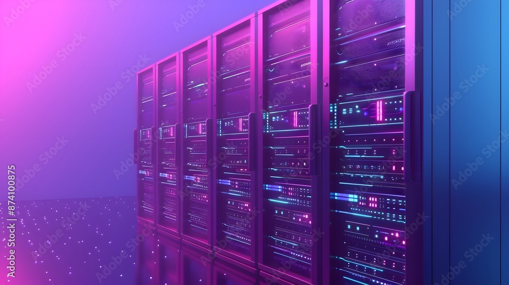 Modern data center server racks illuminated with purple and blue lights, showcasing futuristic technology and network equipment. Modern data center server racks illuminated with purple and blue lights, showcasing futuristic technology and network equipment.