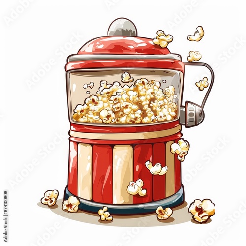 A retro-style popcorn machine with red and white stripes, popping popcorn.