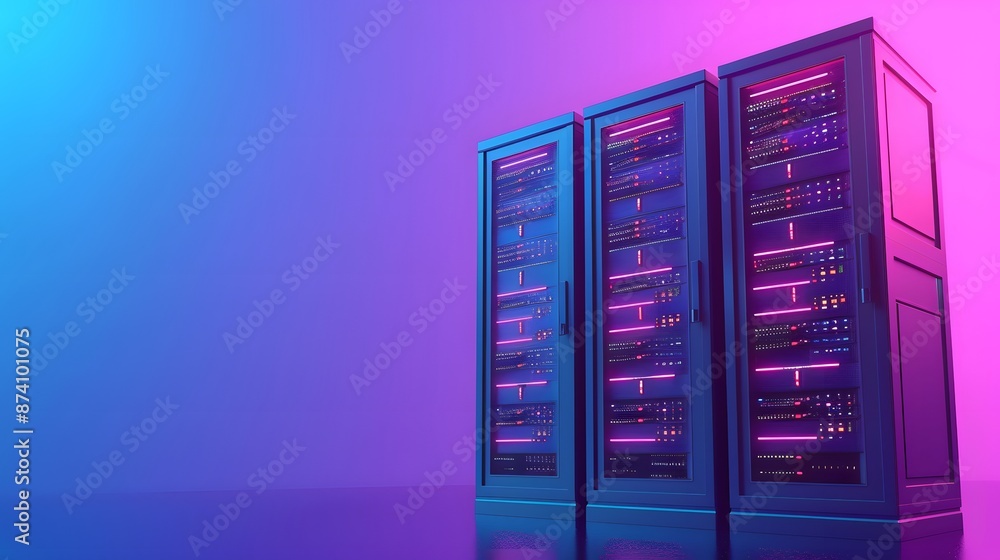 Modern data center server racks with neon lighting, illustrating advanced technology and digital infrastructure in a futuristic setup. Modern data center server racks with neon lighting, illustrating advanced technology and digital infrastructure in a futuristic setup.