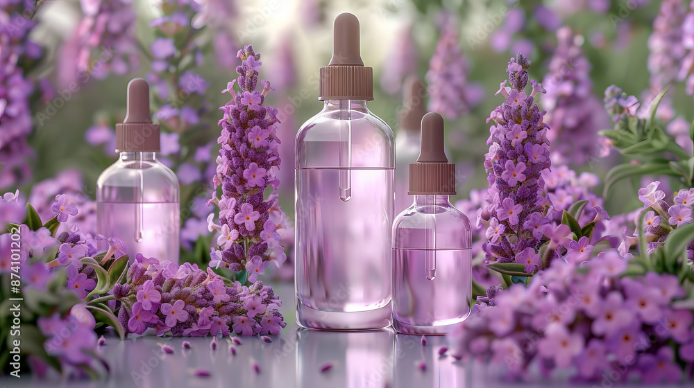 Glass bottles filled with lavender oil, extract, surrounded purple lavender flowers neatly arranged Glass bottles filled with lavender oil, extract, surrounded purple lavender flowers neatly arranged